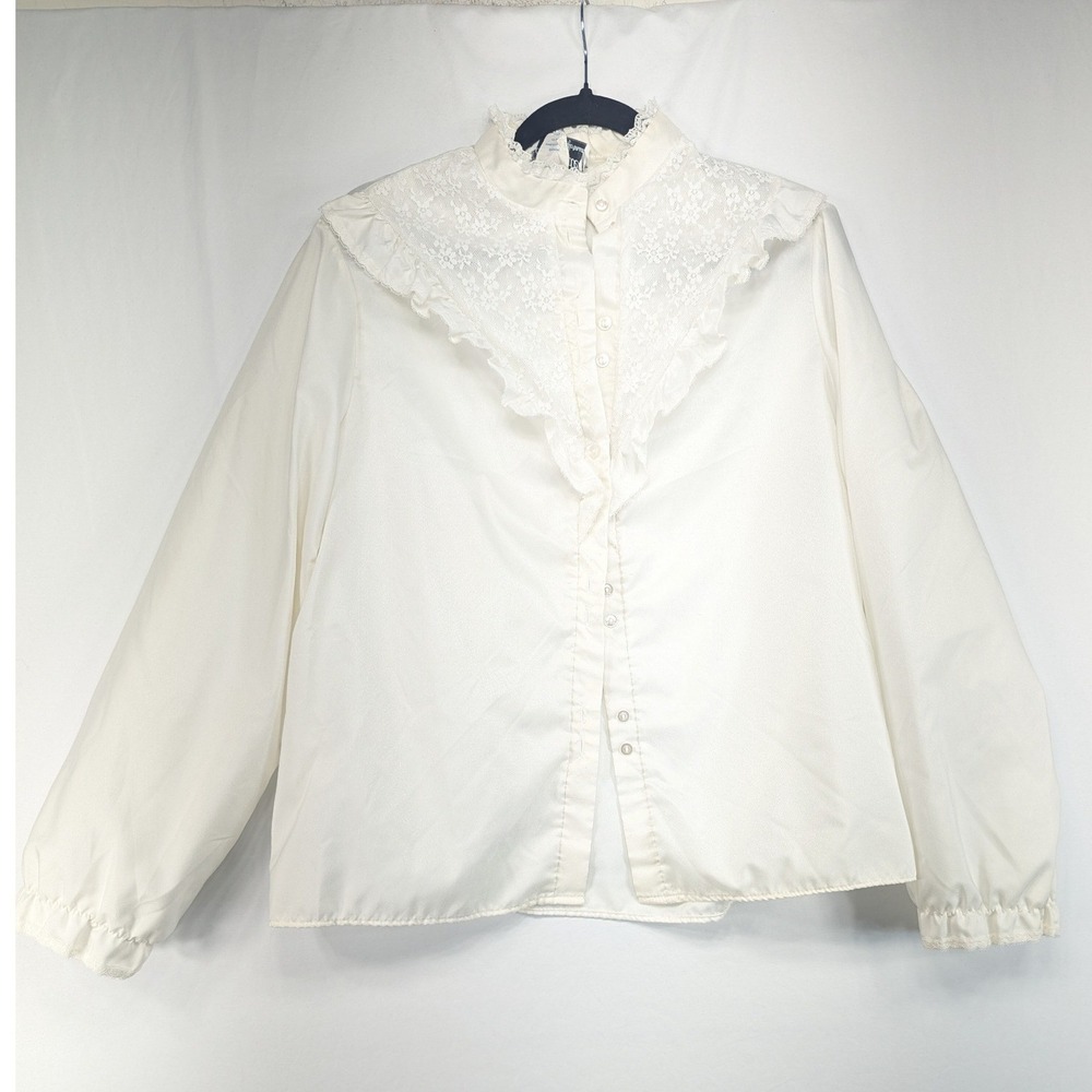 Vintage Alamode of California Cream Lace Bib Ruffle Blouse Victorian Size 16